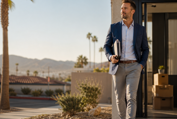 Real estate agent walking out of a Las Vegas brokerage office carrying files after changing brokerages