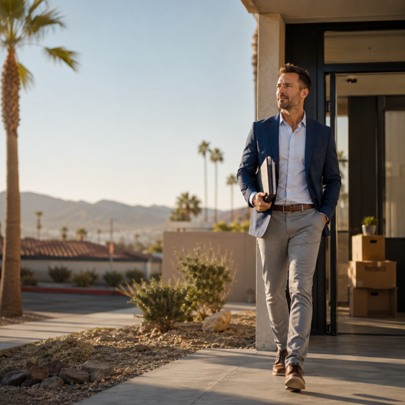 Real estate agent walking out of a Las Vegas brokerage office carrying files after changing brokerages