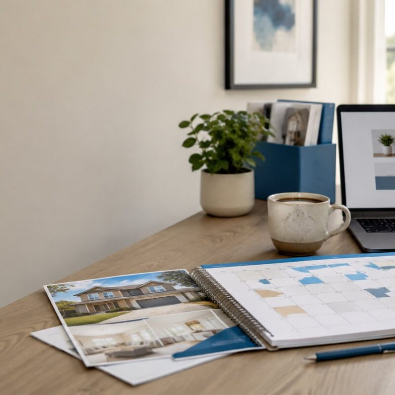 A real estate agent desk with a color-coded monthly planner, laptop showing a content grid, listing flyers, and coffee, illustrating a fall content calendar for Las Vegas agents.