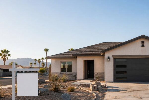 Beau McDougall private capital blog graphic: a freshly renovated single-family Las Vegas home with a blank for-sale sign in a desert front yard, illustrating a slower fix-and-flip resale market.