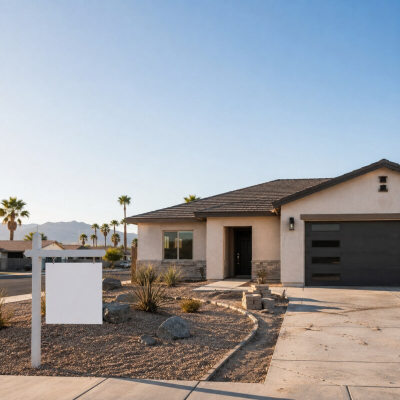 Beau McDougall private capital blog graphic: a freshly renovated single-family Las Vegas home with a blank for-sale sign in a desert front yard, illustrating a slower fix-and-flip resale market.