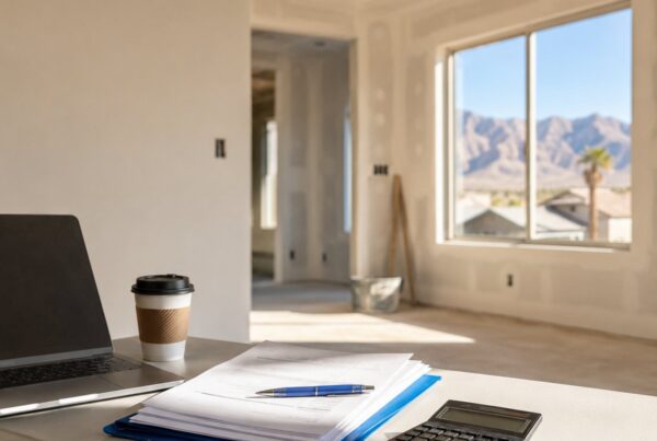 Sunlit interior of a Las Vegas home under construction with bare drywall and a mountain view, a folding table holding a laptop, coffee, a stack of loan documents with a blue pen, and a calculator.