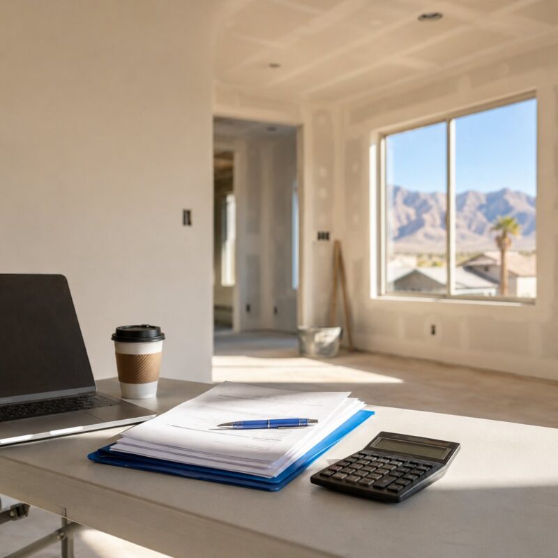 Sunlit interior of a Las Vegas home under construction with bare drywall and a mountain view, a folding table holding a laptop, coffee, a stack of loan documents with a blue pen, and a calculator.
