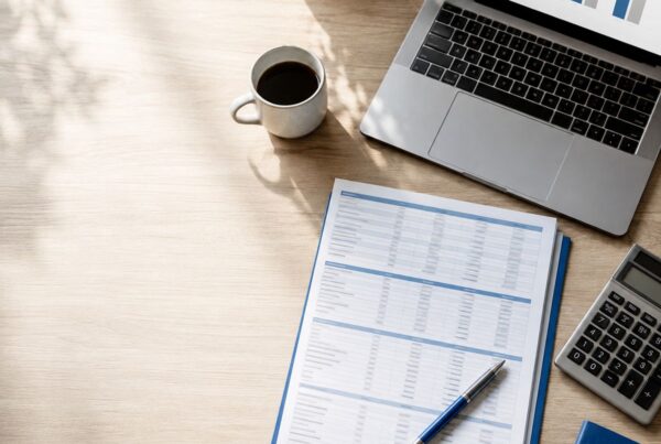A real estate agent’s desk with a printed commission worksheet, calculator, laptop showing a bar comparison, pen, and coffee, illustrating the math of a 100% commission cap model.
