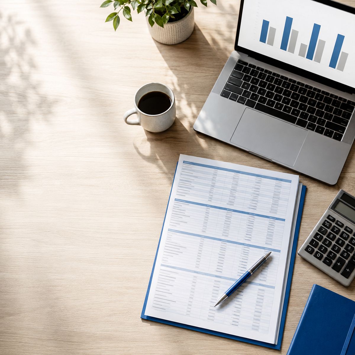 A real estate agent’s desk with a printed commission worksheet, calculator, laptop showing a bar comparison, pen, and coffee, illustrating the math of a 100% commission cap model.