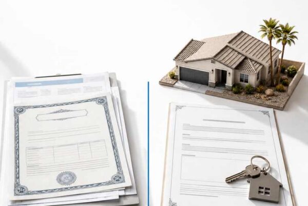 Split-scene comparison photo: a stack of bank certificate and CD paperwork on the left and a Nevada deed of trust with house keys and a model Las Vegas home on the right, divided by a blue line.