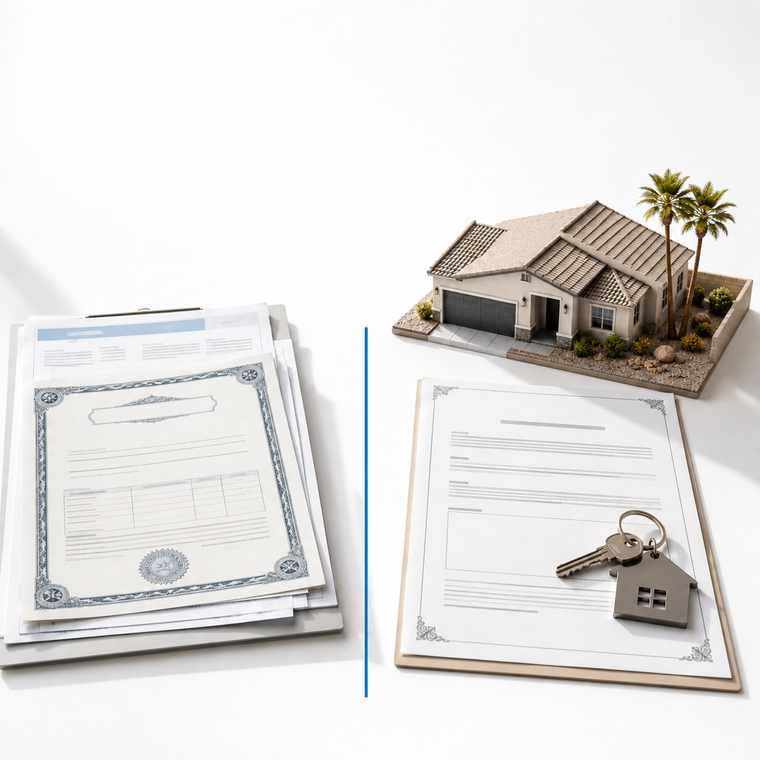 Split-scene comparison photo: a stack of bank certificate and CD paperwork on the left and a Nevada deed of trust with house keys and a model Las Vegas home on the right, divided by a blue line.