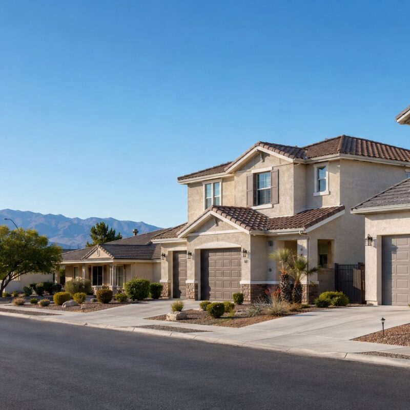 A Las Vegas valley residential street with newer two-story stucco homes and an older single-story home, desert landscaping and a mountain backdrop.