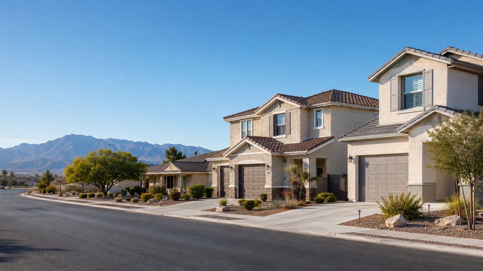A Las Vegas valley residential street with newer two-story stucco homes and an older single-story home, desert landscaping and a mountain backdrop.